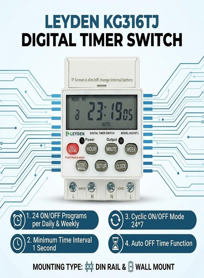 LEYDEN® KG316TJ, 30A, 220/230VAC, 50Hz Digital Timer Switch, 24 Program Per Day, Manual Start ON-Off Delay & Cyclic Timer Switch for Light, Fogger, Bell, Waterpump | Min 1-Sec Interval - Image 4