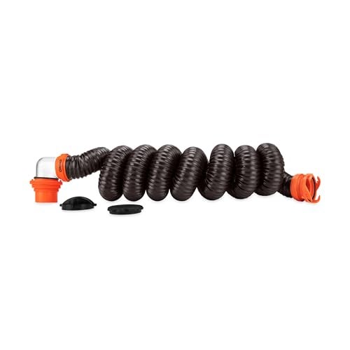 Camco RhinoFLEX 15-Ft Camper/RV Sewer Hose Kit - Features Clear Elbow Fitting w/Removable 4-in-1 Adapter - Connects to 3” Slip or 3”/3.5”/4” NPT Threaded Sewer Connection (39761) - Image 1