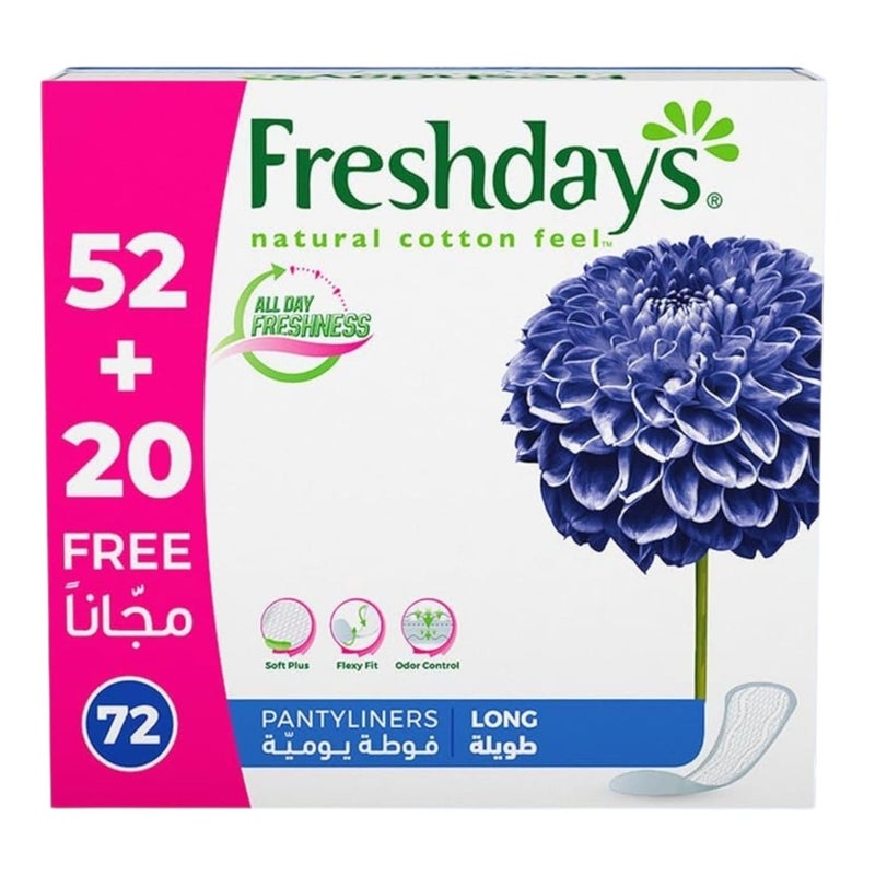 فريش دايز فوط صحية يومية طويلة، مرنة وناعمة للغاية، (52+20مجانا)  72 فوطة - Image 1