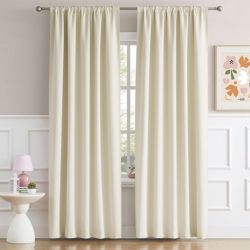 Back Tab and Rod Pocket Blackout Curtains - (52W x 84L Inch, Set of 2 Panels, Light Cream Beige) Solid Thermal Insulated Blackout Curtains for Living Room - Image 2
