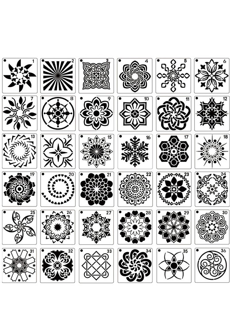 موردلي 36 عبوة من قوالب ماندالا (3.6 × 3.6 بوصة) مجموعة قوالب رسم ماندالا للرسم مثالية لمشاريع الرسم الفنية التي تصنعها بنفسك، حائط خشبي، أرضية، قماش، أثاث، بلاط، هدية عيد الميلاد (قابلة لإعادة الاستخدام) - Image 1