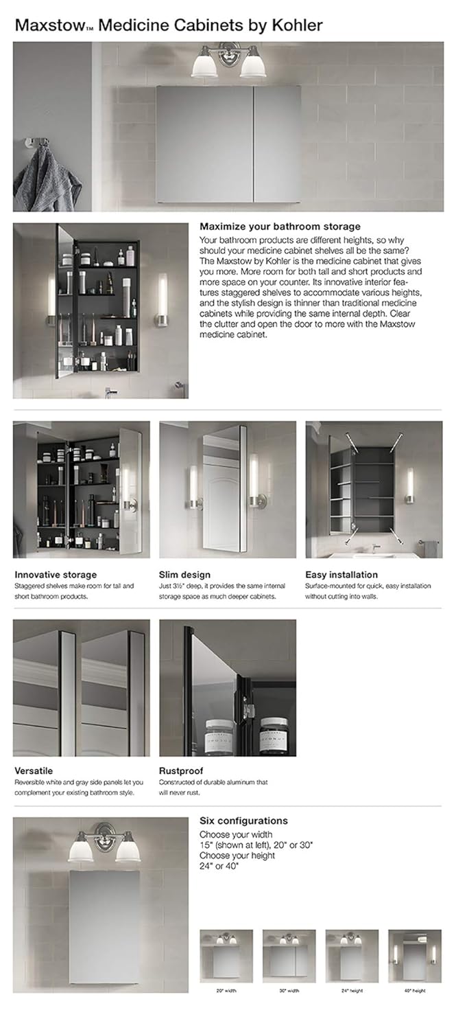 Kohler Kohler Maxstow Mirror Cabinet for Bathroom 20"x40"x3.56" (50.8cm x 101.6cm x 9.04cm) Dark Anodized Aluminium with Silver Coated Glass - Bathroom Cabinet with Storage for Medicine, Makeup, Toiletries  - Image 3
