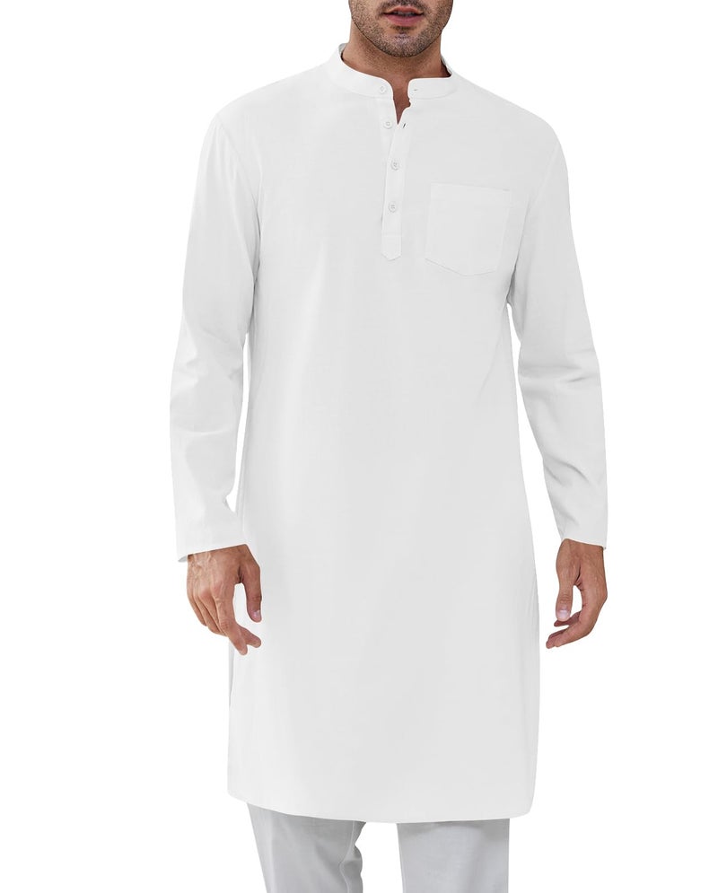 Gafeng Mens Kaftan Robe Button Down Long Sleeve Henley Cotton Thobe Casual Side Split Gown Shirt White - Image 1