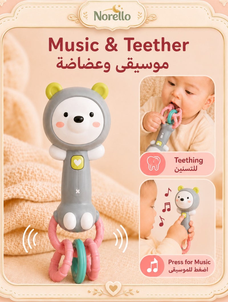 Norello Baby Rattle Teether Toy for Newborns 0-12 Months, Bear Musical Hand Bell with Soft Teething Ring, Infant Grasp Bite Sensory Toy, Soothing Comfort Gift for Boys Girls - Image 1