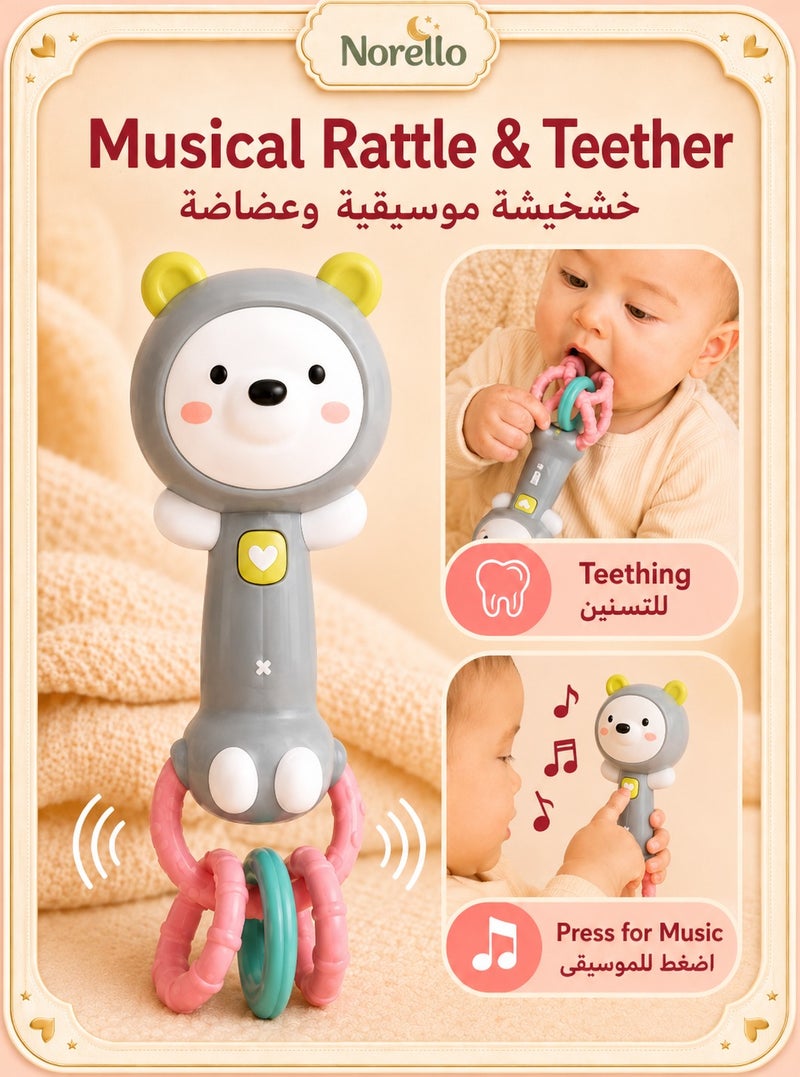 Norello Baby Rattle Teether Toy for Newborns 0-12 Months, Bear Musical Hand Bell with Soft Teething Rings, Infant Grasp & Bite Sensory Toy, Soothing Comfort Gift for Boys & Girls - Image 1