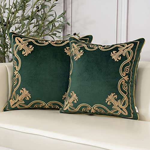 Aeckself European Luxury Velvet Throw Pillow Cover 18 x 18 Inch, Embroidery Floral Pillow Cover Home Decor Pillowcase for Couch Bedroom Living Room, Dark Emerald Green and Gold - Image 3