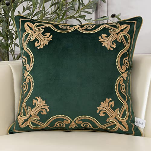 Aeckself European Luxury Velvet Throw Pillow Cover 18 x 18 Inch, Embroidery Floral Pillow Cover Home Decor Pillowcase for Couch Bedroom Living Room, Dark Emerald Green and Gold - Image 1