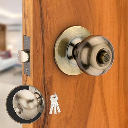 Met Craft SS304 Room Door Knob Lock - with 3 Brass computerised Key Cylindrical Lock for Bedroom/Main Door/Tubular Door Knob/Handle (Antique Brass, 70 mm Backset) - Image 1