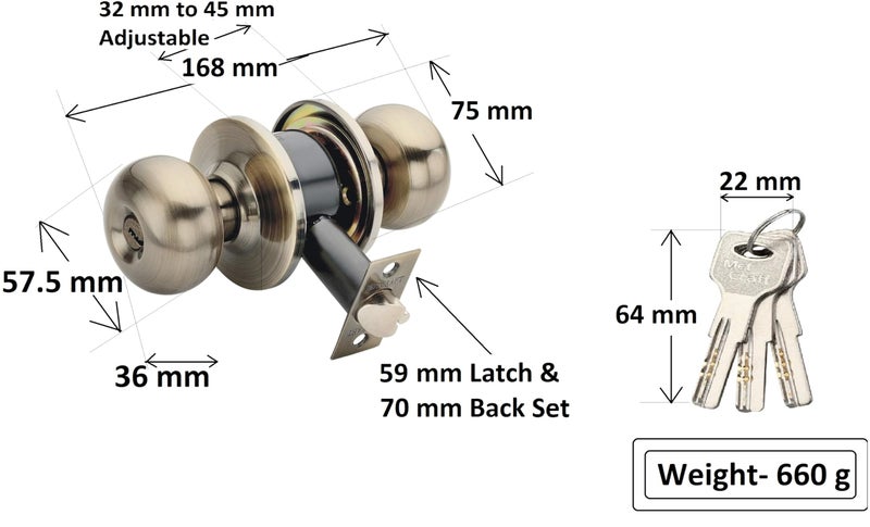Met Craft SS304 Room Door Knob Lock - with 3 Brass computerised Key Cylindrical Lock for Bedroom/Main Door/Tubular Door Knob/Handle (Antique Brass, 70 mm Backset) - Image 4