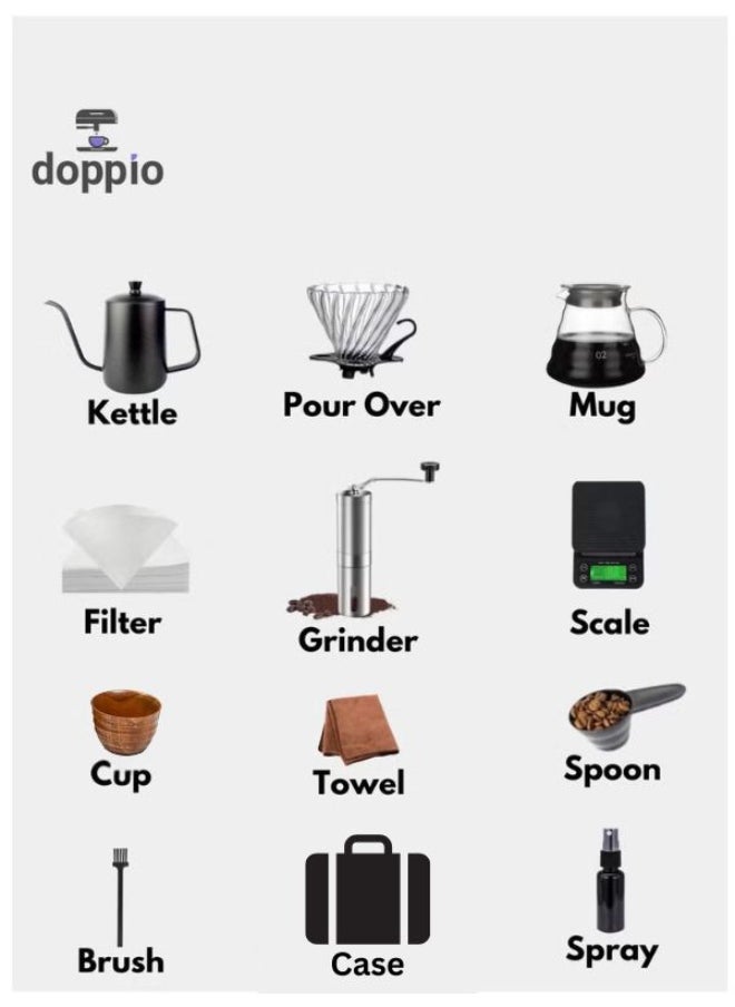 Doppio - 12 Pcs V60 Premium Pour Over Manual Coffee Maker with Manual Grinder Dripper Set - Image 1