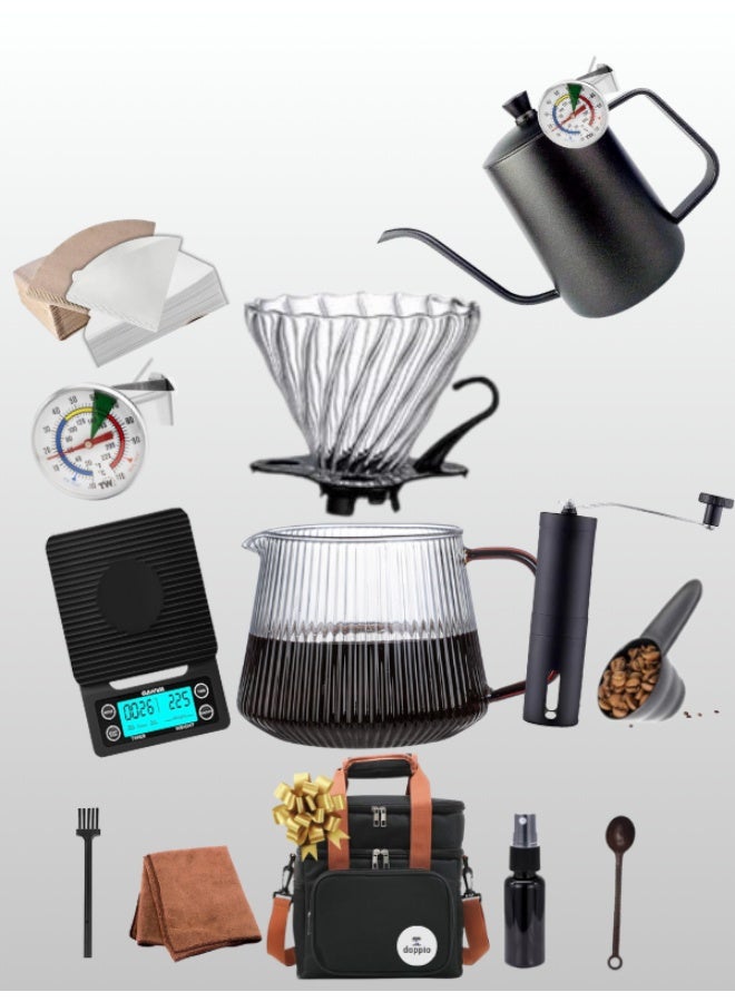 Doppio 12 Pcs V60 Premium Pour Over Manual Coffee Maker with Manual Grinder Dripper Set - Image 2