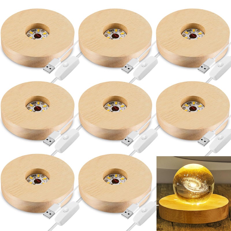 Honoson 8 Pcs Wooden LED Display Base Lighted Base for Crystal Art Wood Display for Glass Art 3D Crystal Warm LightRound Surface Style