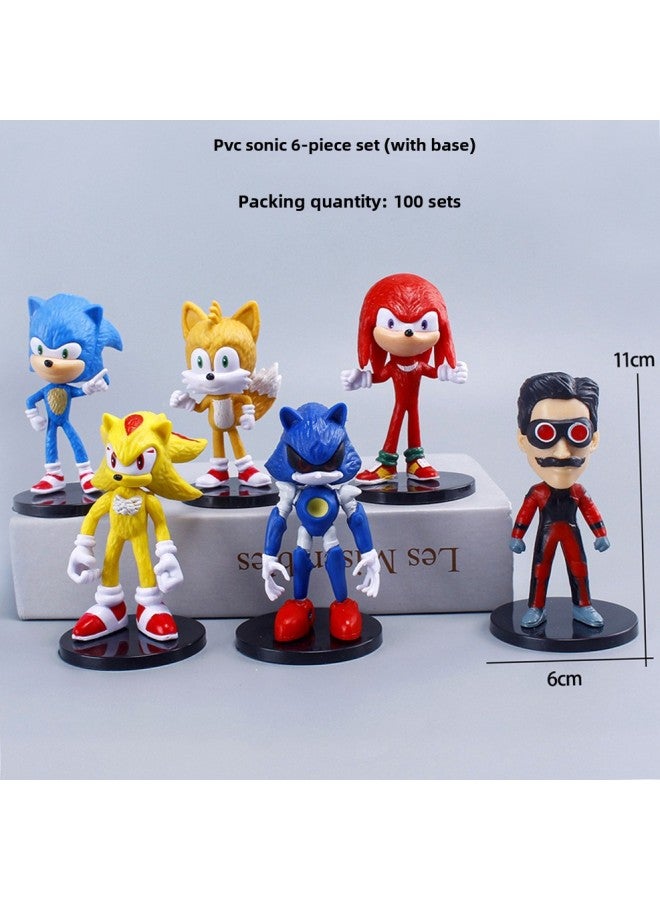 Sonic Mouse Hedgehog Kid Sonic Game Doll Model Hand-held Amy Tars Animation Ornaments-Color:PVC Sonic 6-piece Set (with Base) - Image 1