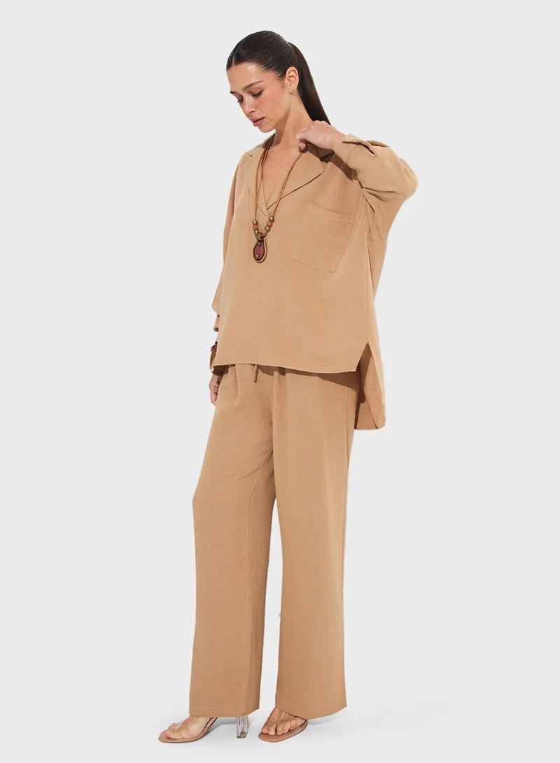 جون Knitted Button Down Shirt & High Waist Pants Set