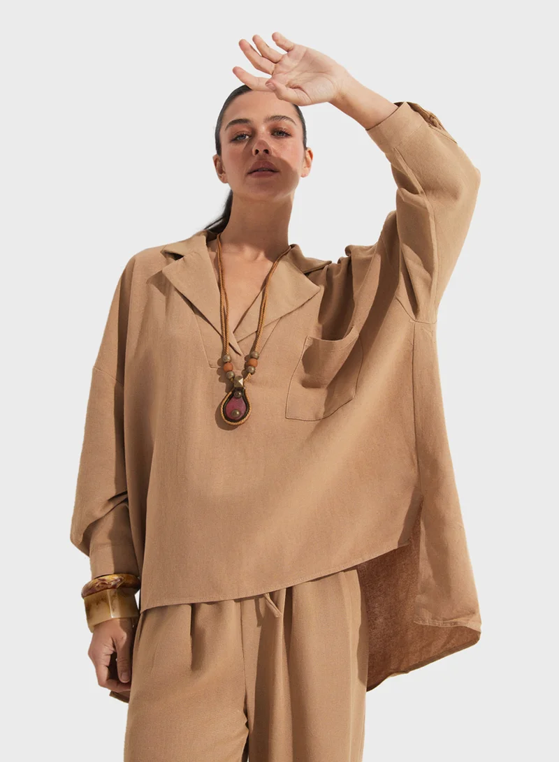 جون Knitted Button Down Shirt & High Waist Pants Set