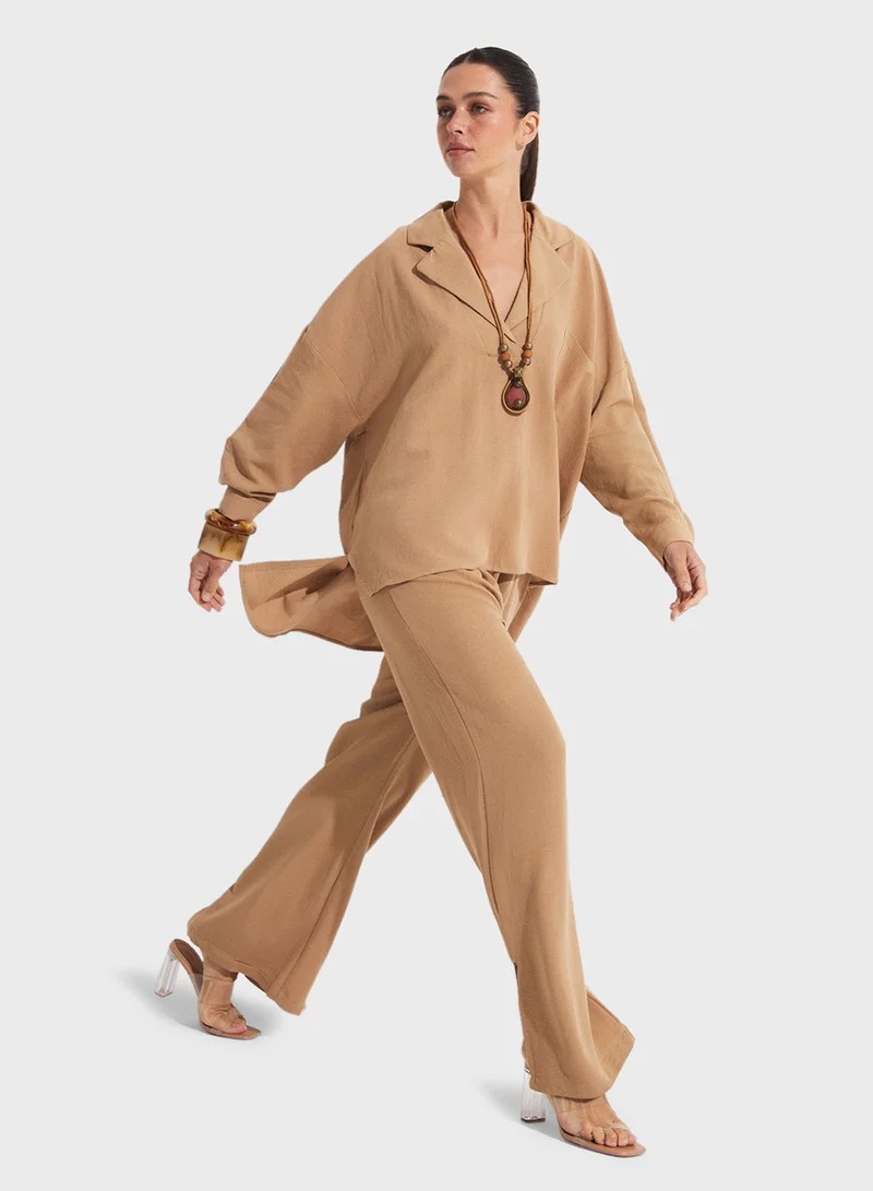 جون Knitted Button Down Shirt & High Waist Pants Set