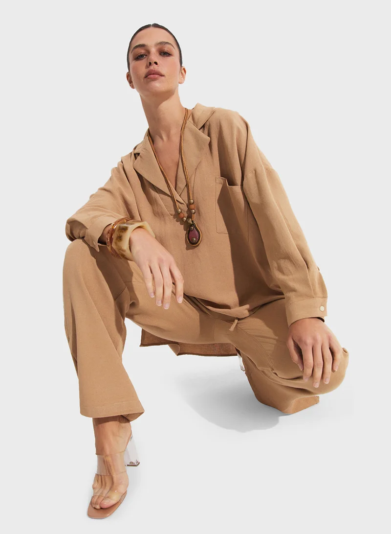 جون Knitted Button Down Shirt & High Waist Pants Set