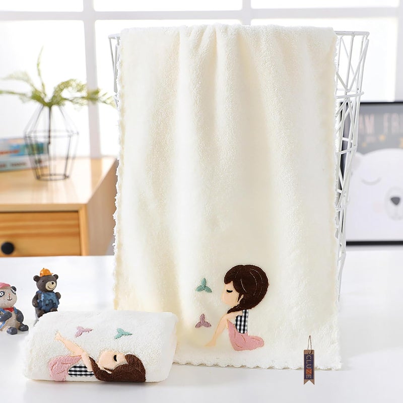 CLUZE Microfiber Wash Towels Quick Absorbent Soft Coral Fleece Kids Handkerchief Face Towel for Girls Cute Doll Embroidered Hanky Baby Shower Gift 35x75 cm White - Image 1