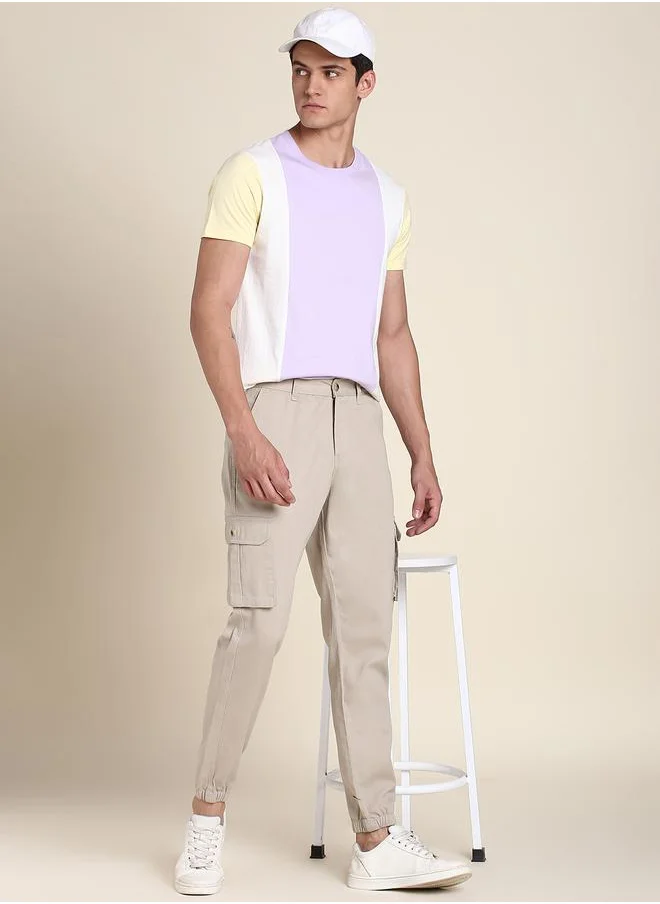 Dennis Lingo Beige Slim Fit Solid Trouser for Men - Cotton Blend, Full Length, Button & Zip, Mid Rise, Casual,