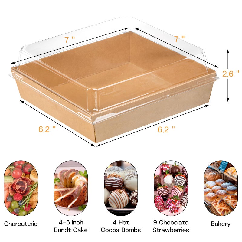 ZORRITA 7 x 7 Inch Large Charcuterie Boxes with Clear Lids, 20 Pack Disposable Square Kraft Bakery Boxes To Go Food Containers for Charcuterie, Cake Slices, Desserts, Strawberries, Cookies (Brown) - Image 2