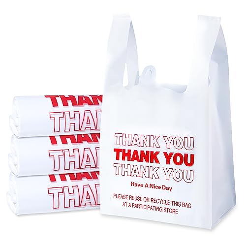 SheerDelight Plastic Bags, 300 Count Thank You Bags, Plastic Bags With Handles For Shopping, Grocery, Plastic Bag For Small Business (11"x 6"x 21"), Recyclable T Shirt Bags, White Plastic Bag - Image 1