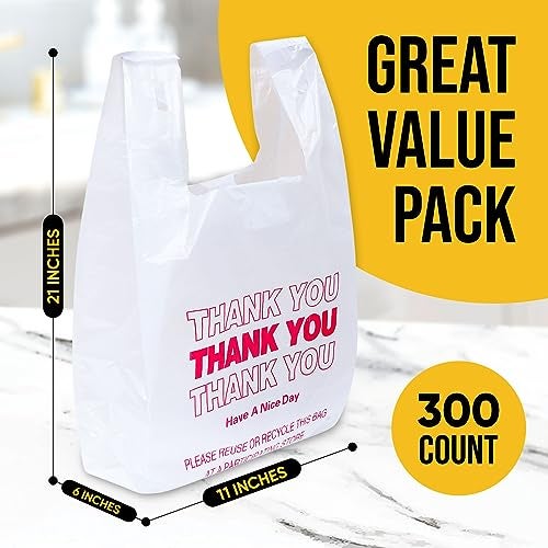 SheerDelight Plastic Bags, 300 Count Thank You Bags, Plastic Bags With Handles For Shopping, Grocery, Plastic Bag For Small Business (11"x 6"x 21"), Recyclable T Shirt Bags, White Plastic Bag - Image 2