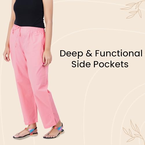Happy Bunny Parallel Pants for Women 100% Cotton Ankle Length Trousers Regular Fit with Elastic Drawstring Stylish & Pockets Casual Formal Wear for Office & Home (LG, Shell Pink) - Image 3
