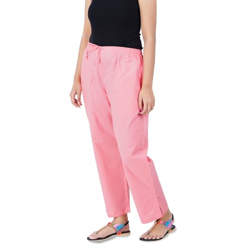 Happy Bunny Parallel Pants for Women 100% Cotton Ankle Length Trousers Regular Fit with Elastic Drawstring Stylish & Pockets Casual Formal Wear for Office & Home (LG, Shell Pink) - Image 1