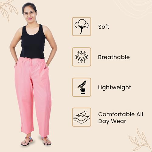 Happy Bunny Parallel Pants for Women 100% Cotton Ankle Length Trousers Regular Fit with Elastic Drawstring Stylish & Pockets Casual Formal Wear for Office & Home (LG, Shell Pink) - Image 4