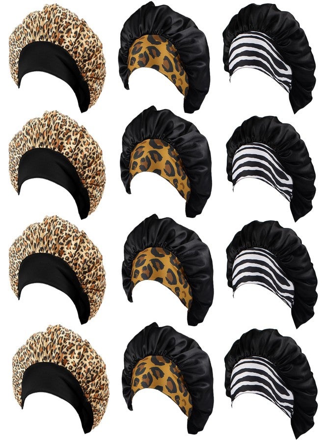 Wheebo 12 Pieces Satin Bonnet Hat For Women Sleeping Shower Caps Curly Hair Silky Bonnet Hair Wrap (Leopard) - Image 1