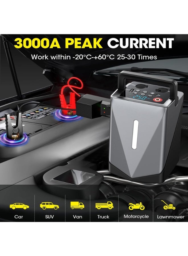 SUKILO 6-in-1 Jump Starter with Air Compressor 150 PSI, 3000A Car Battery Jumper Starter Portable for Gas & Diesel Vehicles up to 8L, LCD Display, 3 Modes Flashlight, Power Bank - Image 3