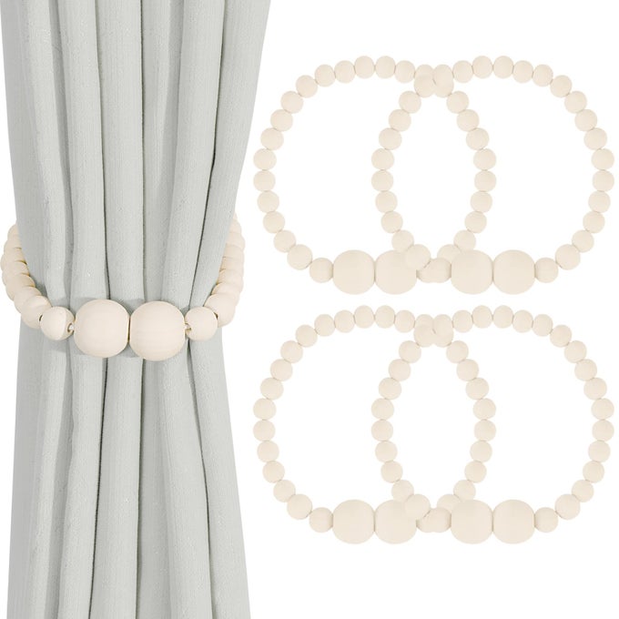 Magnetic Curtain Tiebacks 4 Pack Curtain Holdbacks for Draperies Wood Bead Curtain Tiebacks Elegant Curtain Tie Backs for Bedroom Decor Boho Room Decor Nursery Decor Farmhouse Decor