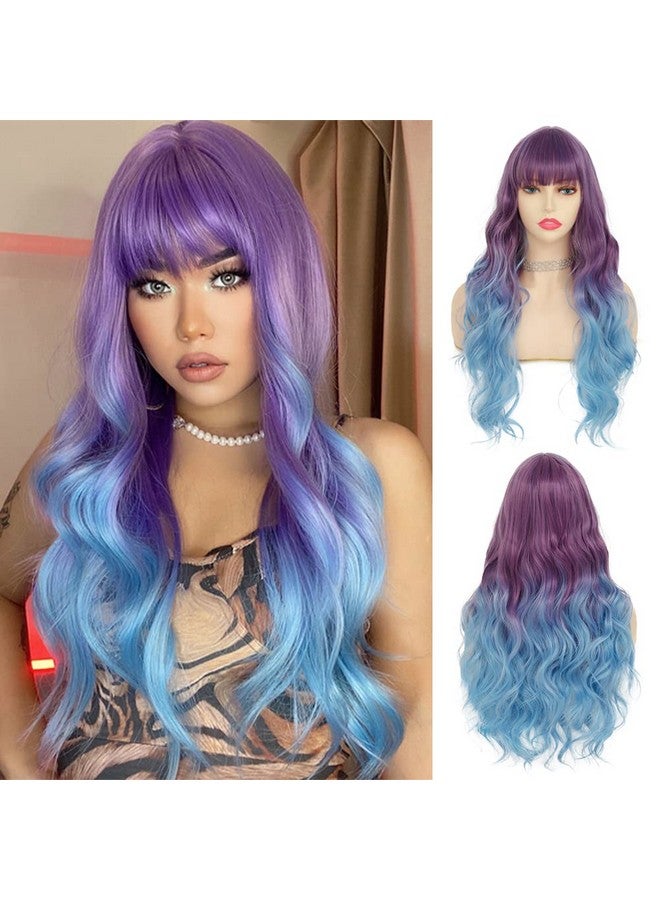 Tseses Purple To Blue Long Curly Wigs For Women Ombre Blue Synthetic Hair Natural Looking Wavy Wig (Purple/Blue) - Image 1