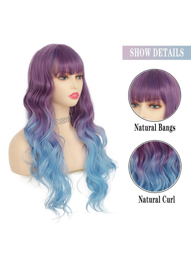 Tseses Purple To Blue Long Curly Wigs For Women Ombre Blue Synthetic Hair Natural Looking Wavy Wig (Purple/Blue) - Image 5