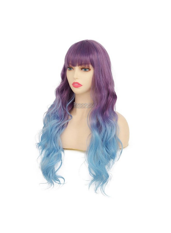 Tseses Purple To Blue Long Curly Wigs For Women Ombre Blue Synthetic Hair Natural Looking Wavy Wig (Purple/Blue) - Image 3
