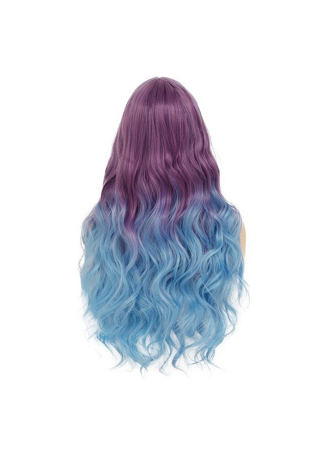 Tseses Purple To Blue Long Curly Wigs For Women Ombre Blue Synthetic Hair Natural Looking Wavy Wig (Purple/Blue) - Image 4