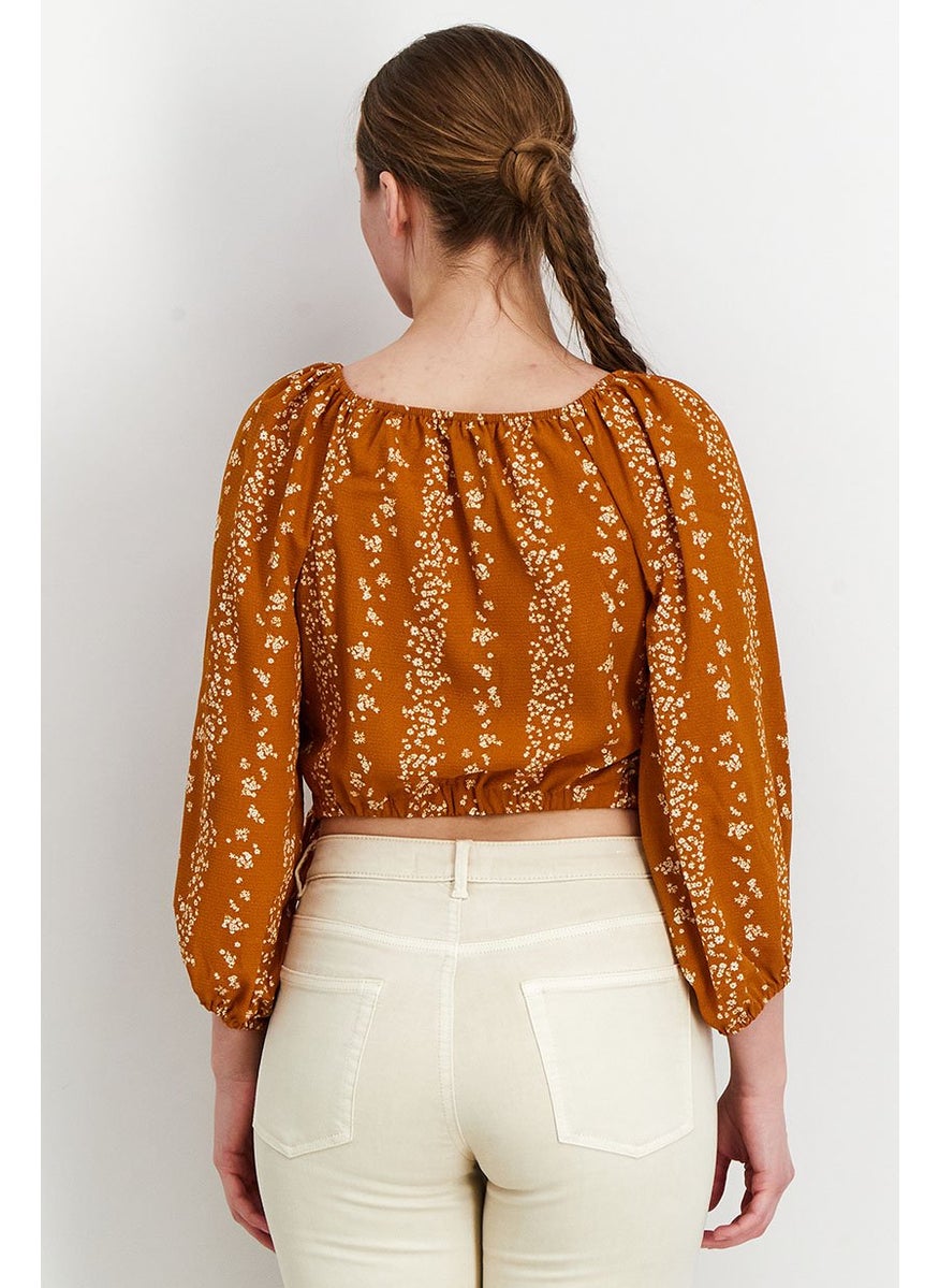 BCBG Paris - Women V-Neck Long Sleeves Floral Print Blouse, Brown - Image 1