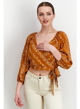 Women V-Neck Long Sleeves Floral Print Blouse, Brown