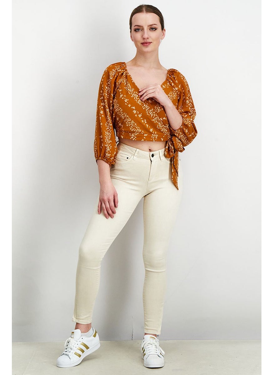 BCBG Paris - Women V-Neck Long Sleeves Floral Print Blouse, Brown - Image 1