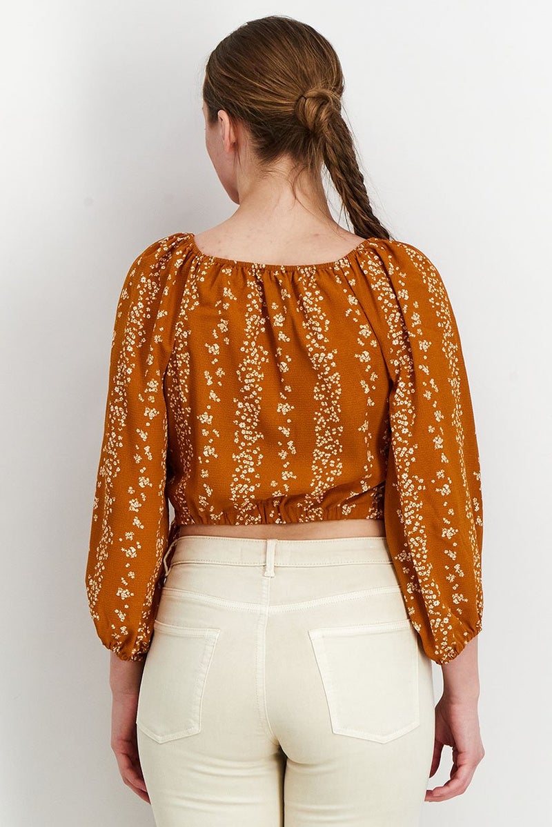 BCBG Paris Women V-Neck Long Sleeves Floral Print Blouse, Brown  - Image 4