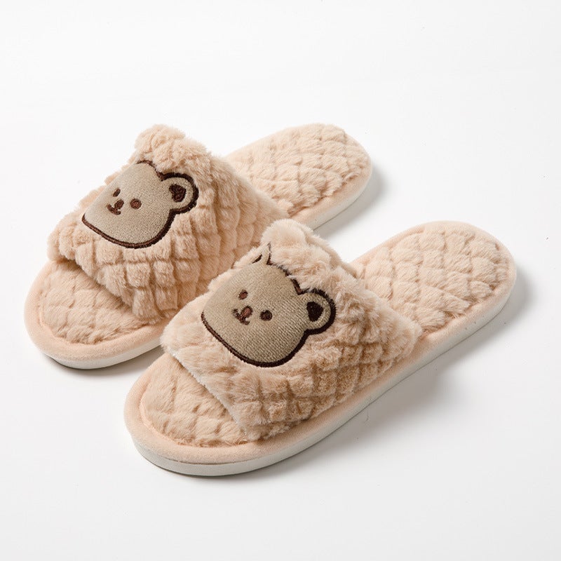 Cozy Bear Open Toe Fluffy Indoor Home Slippers Brown Bear