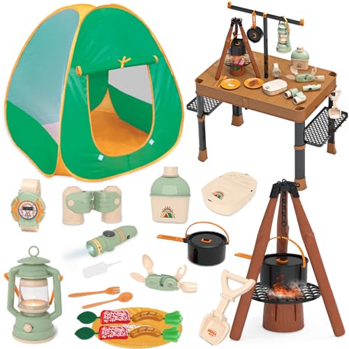 Fistone 50pcs Kids Camping Set with Folding Storage Table Tent Includes Projector Flashlight Toddler Toys for Boys with Campfire Pretend Play Camping Set with Food Toy Ideal for Gift - Image 1
