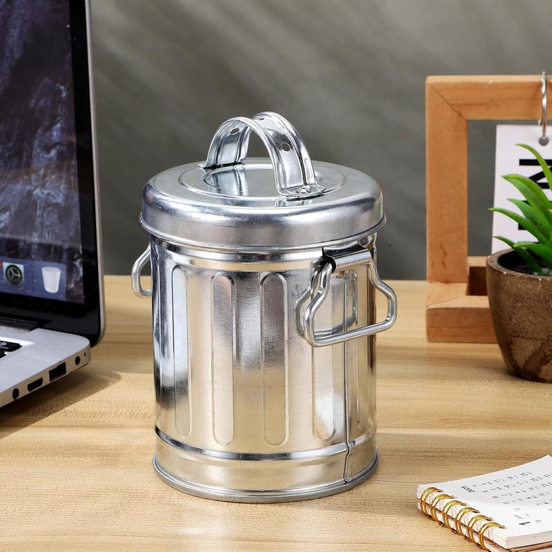 Galvanized Iron Smokeless Ashtray Trash Can With Lid Large Capacity Desktop Bin - Image 5