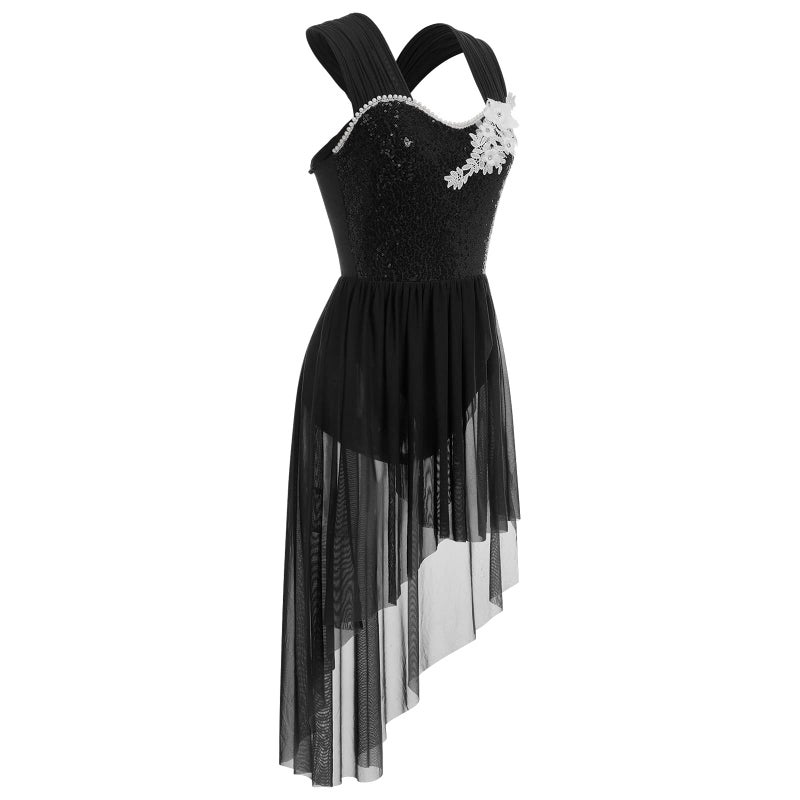AFAVOM Sequin Flower Lyrical Dance Dress for Women Adult Contemporary Dance Costume Halter Backless Cross Straps Leotard with High Low Flowy Mesh Skirt Lyrical Dancewear Ballet Outfit Black L - Image 3
