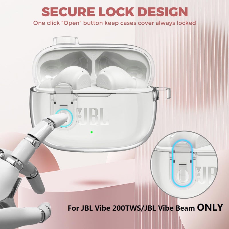 OTOPO Compatible with JBL Vibe 200TWS/JBL Vibe Beam/Beam 2 Case Cover Clear Lock Clip with Cleaner Kit, Transparent TPU Protective Cover Men Women with Carabiner for JBL Vibe Beam 2 Charging Case - Clear - Image 4