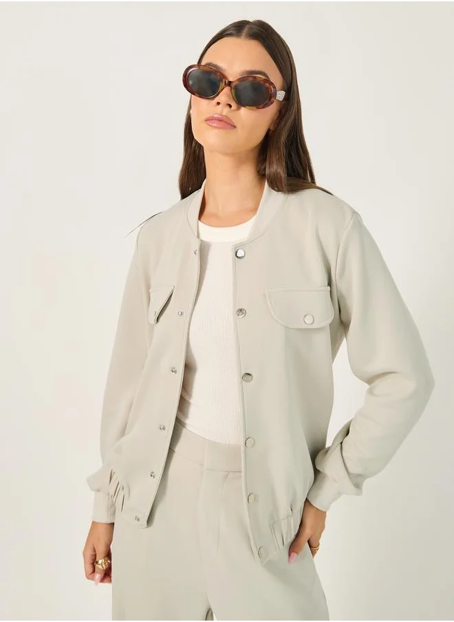 Styli Solid Regular Fit Jacket with Utility Pockets Detail