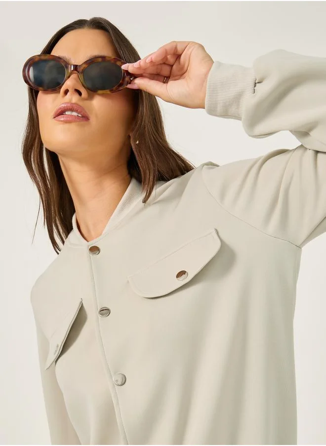 Styli Solid Regular Fit Jacket with Utility Pockets Detail