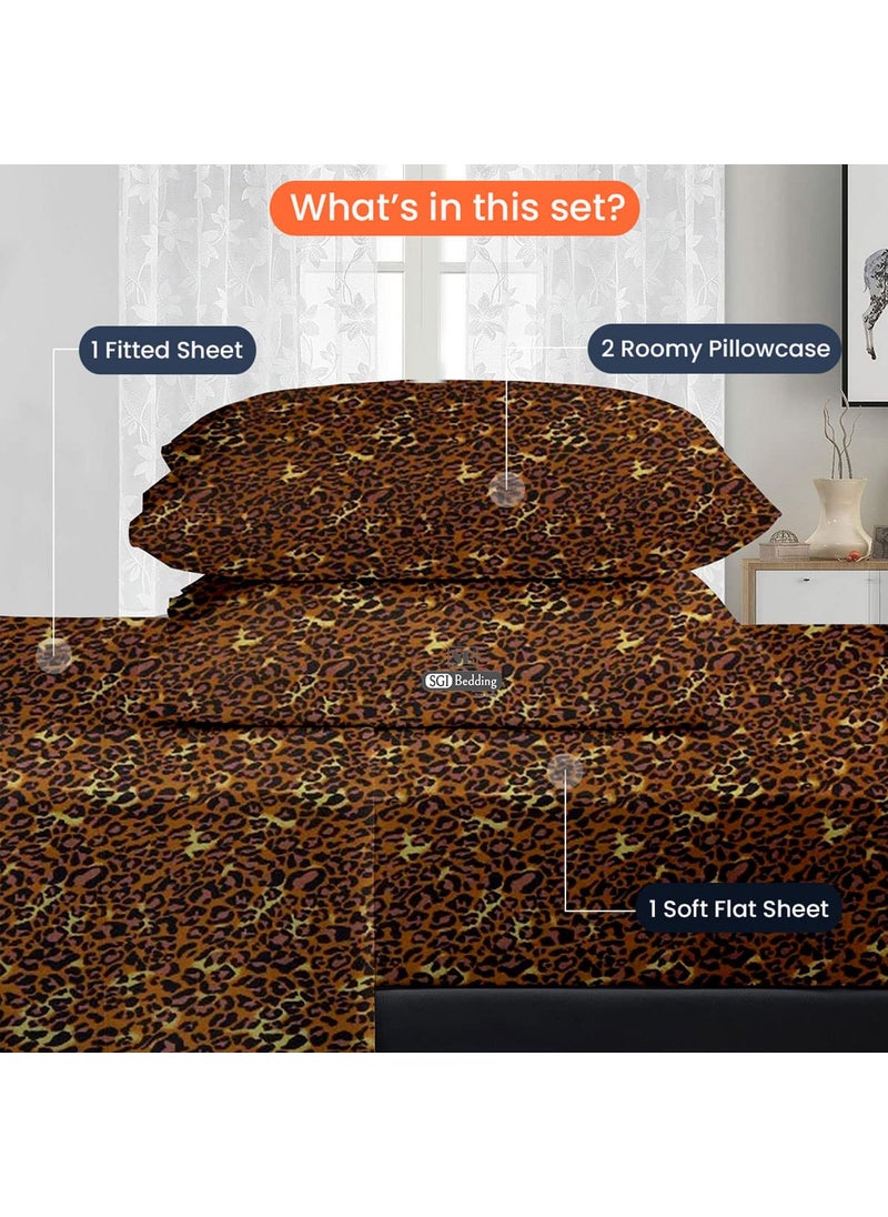 SGI 100% Egyptian Cotton 600 TC Sheet Set Soft & Smooth Sateen Weave 4 Pc Sheet Set - 1 Fitted Sheet  1 Flat Sheet & 2 Pillowcase 15"" inch Deep Pocket (California King  Leopard Print Solid)