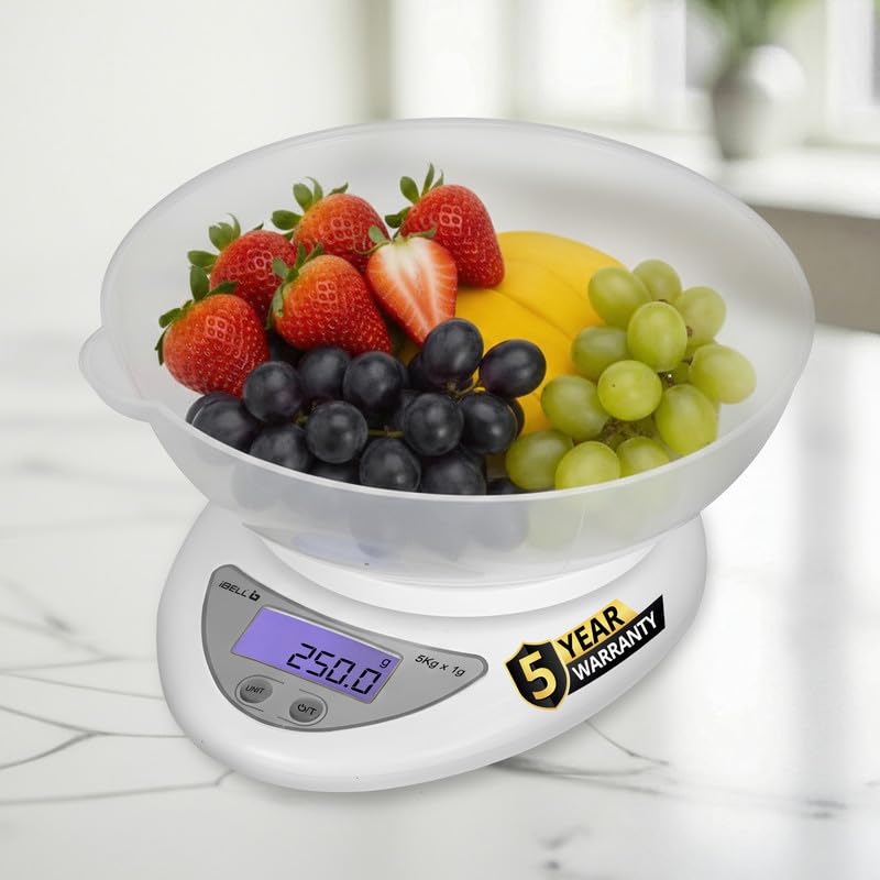 iBELL Digital Kitchen Weighing Scale with LCD Display, Tare Function, up to 5KG, Portable Food Weight Machine for Health, Fitness, Home Baking & Cooking - KS501M (White) - Image 1