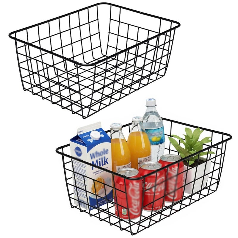 LeleCAT Wire Baskets with Handles Wire Storage Organizer Bin Baskets, Pantry, Closets, Bedrooms - Set of 2ï¼ˆBlackï¼‰